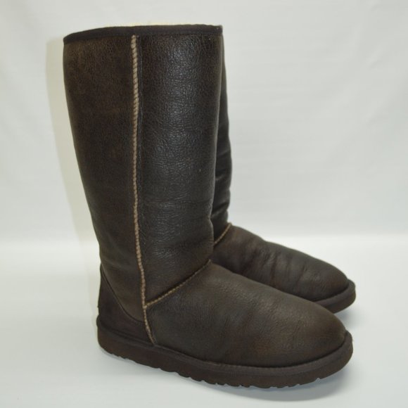 UGG Shoes - UGG Classic Tall Bomber Brown Leather Fur Lined